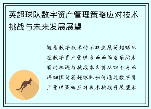 英超球队数字资产管理策略应对技术挑战与未来发展展望