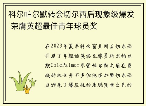 科尔帕尔默转会切尔西后现象级爆发 荣膺英超最佳青年球员奖